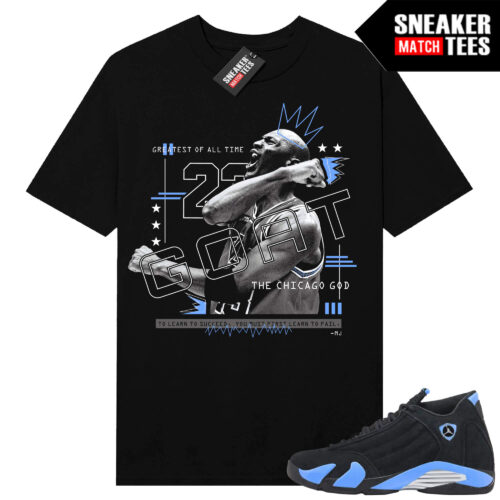 Jordan 14 Black University Blue Sneaker Match Tees Black Chicago God