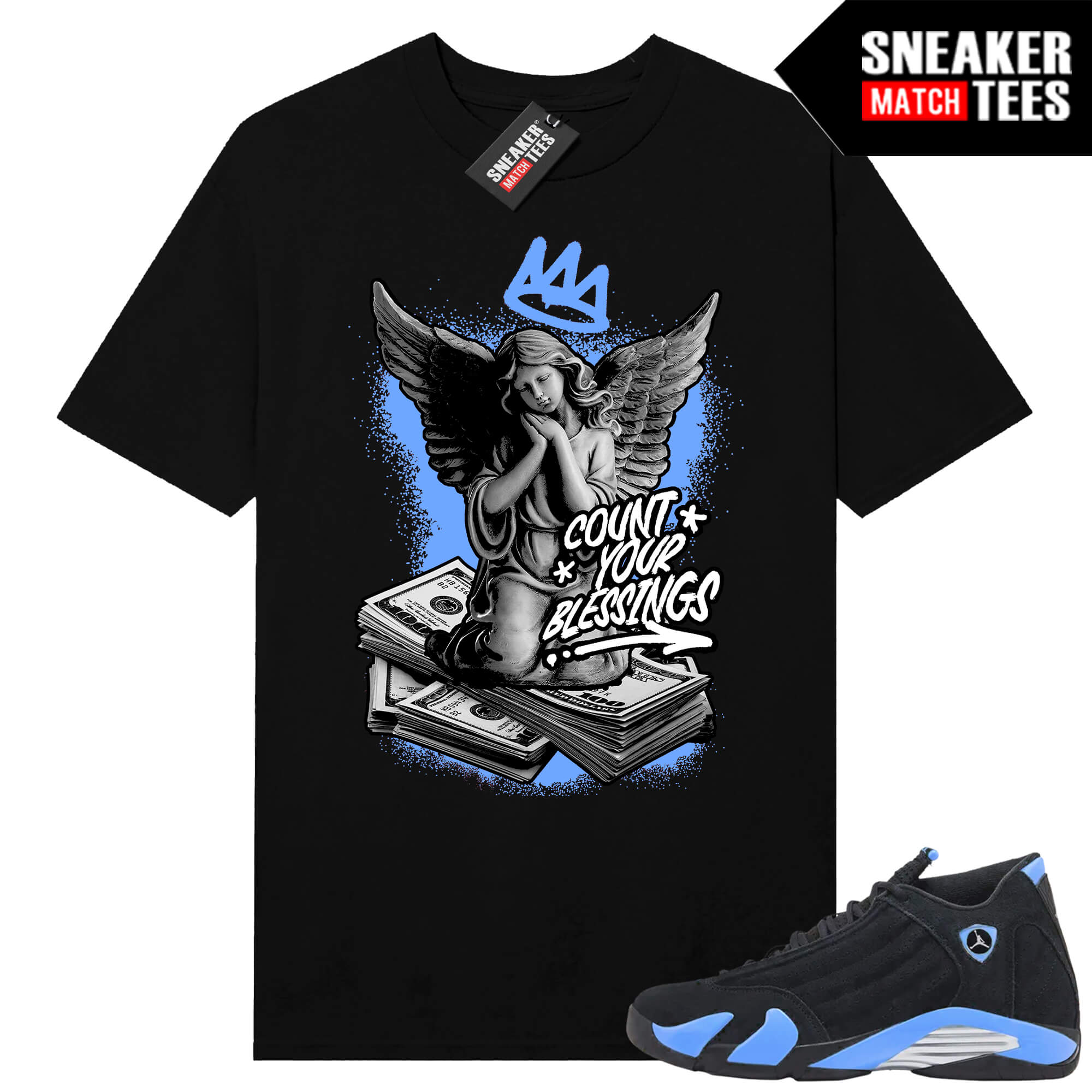 Jordan 14 Black University Blue Sneaker Match Tees Black Count Your Blessings