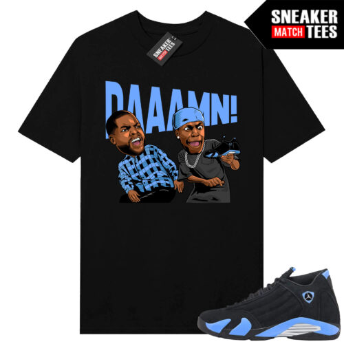 Jordan 14 Black University Blue Sneaker Match Tees Black DAAAMN