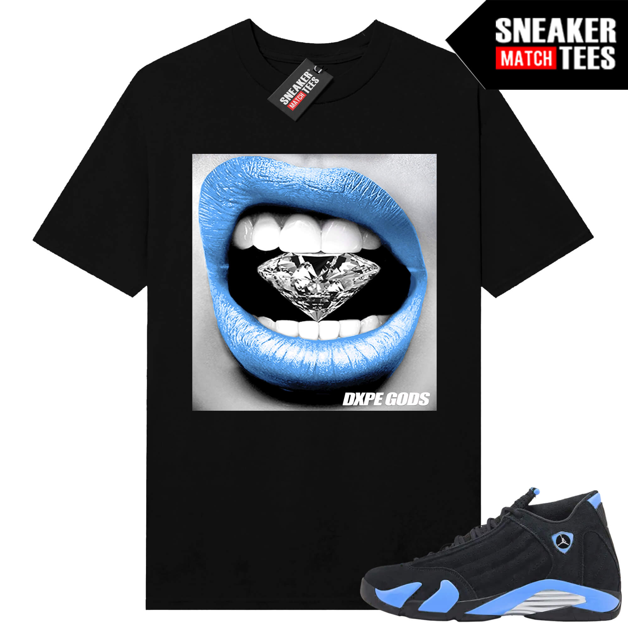 Jordan 14 Black University Blue Sneaker Match Tees Black Diamond Lips