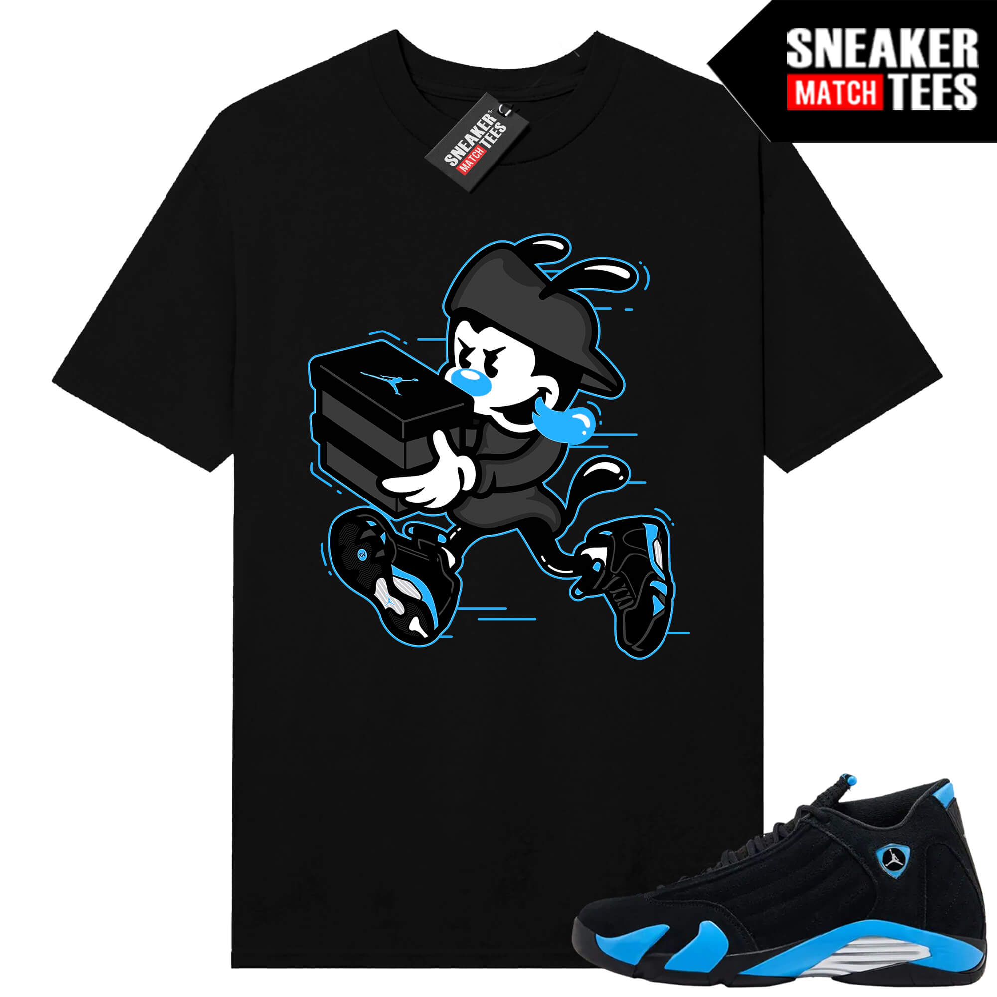 Jordan 14 Black University Blue Sneaker Match Tees Black Double Up