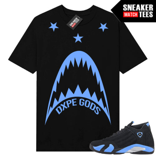 Jordan 14 Black University Blue Sneaker Match Tees Black Dxpe Gods Jaws