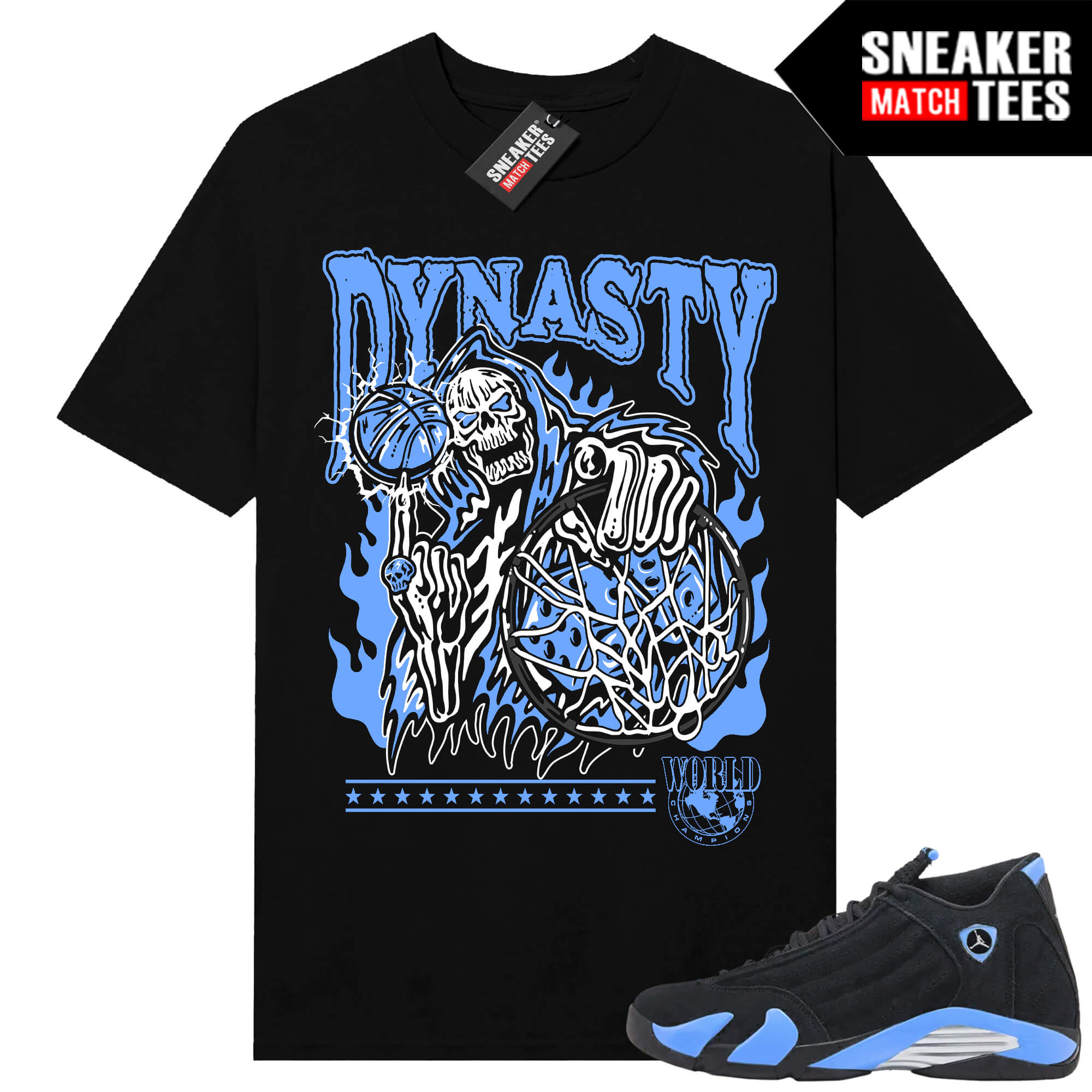 Jordan 14 Black University Blue Sneaker Match Tees Black Dynasty