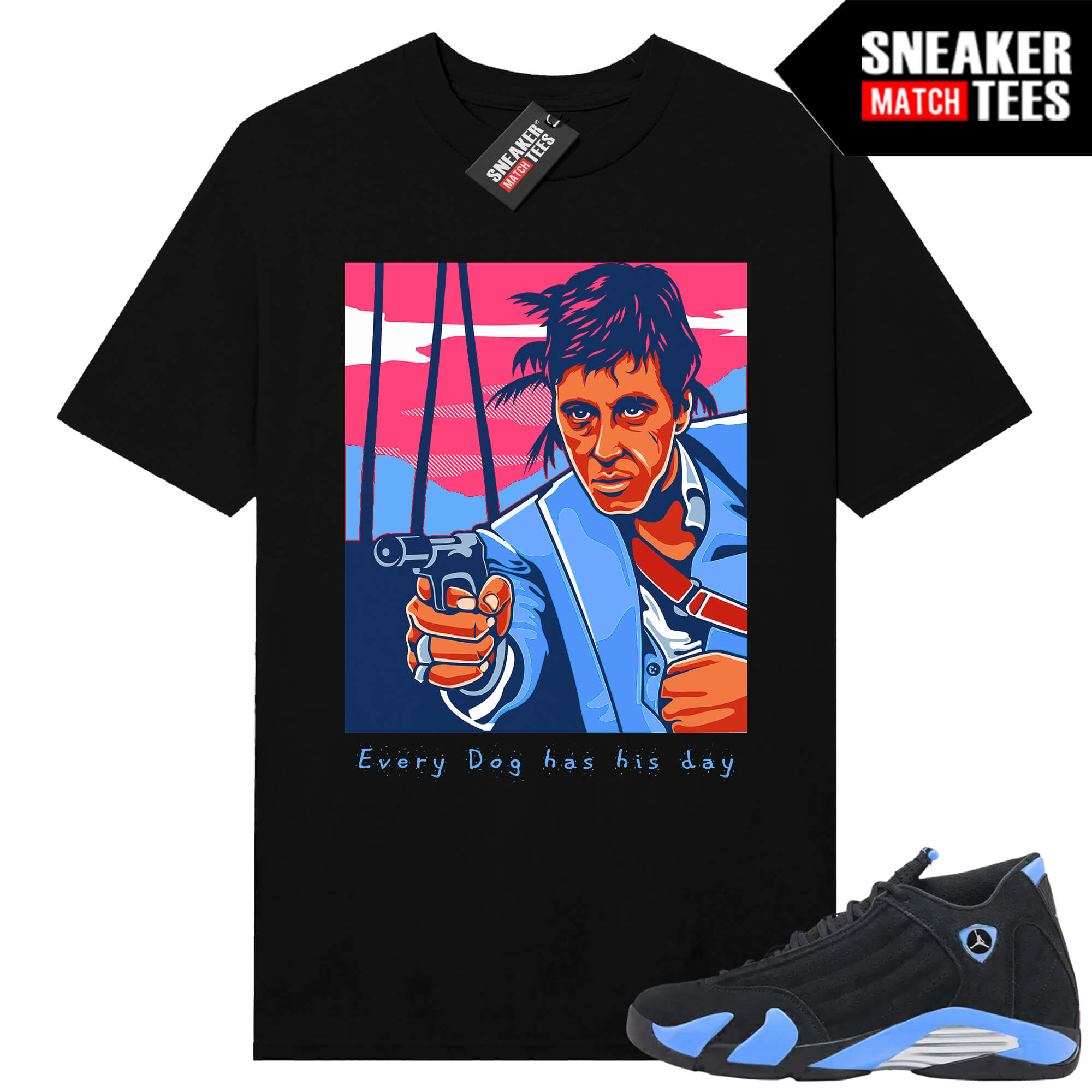 Jordan 14 Black University Blue Sneaker Match Tees Black Every Dog Has His Day