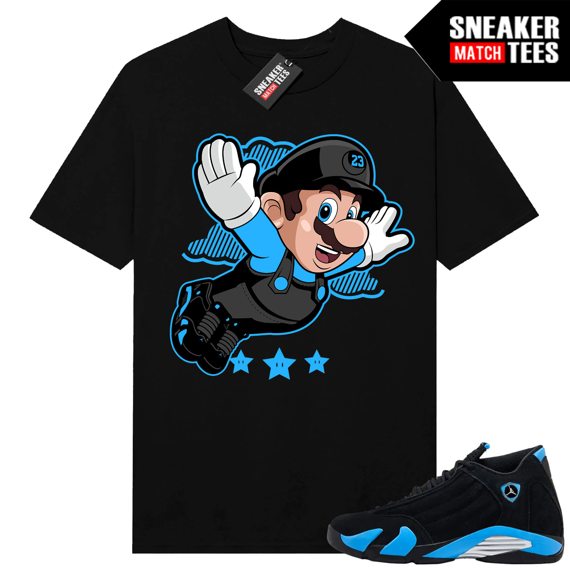 Jordan 14 Black University Blue Sneaker Match Tees Black Fly Mario