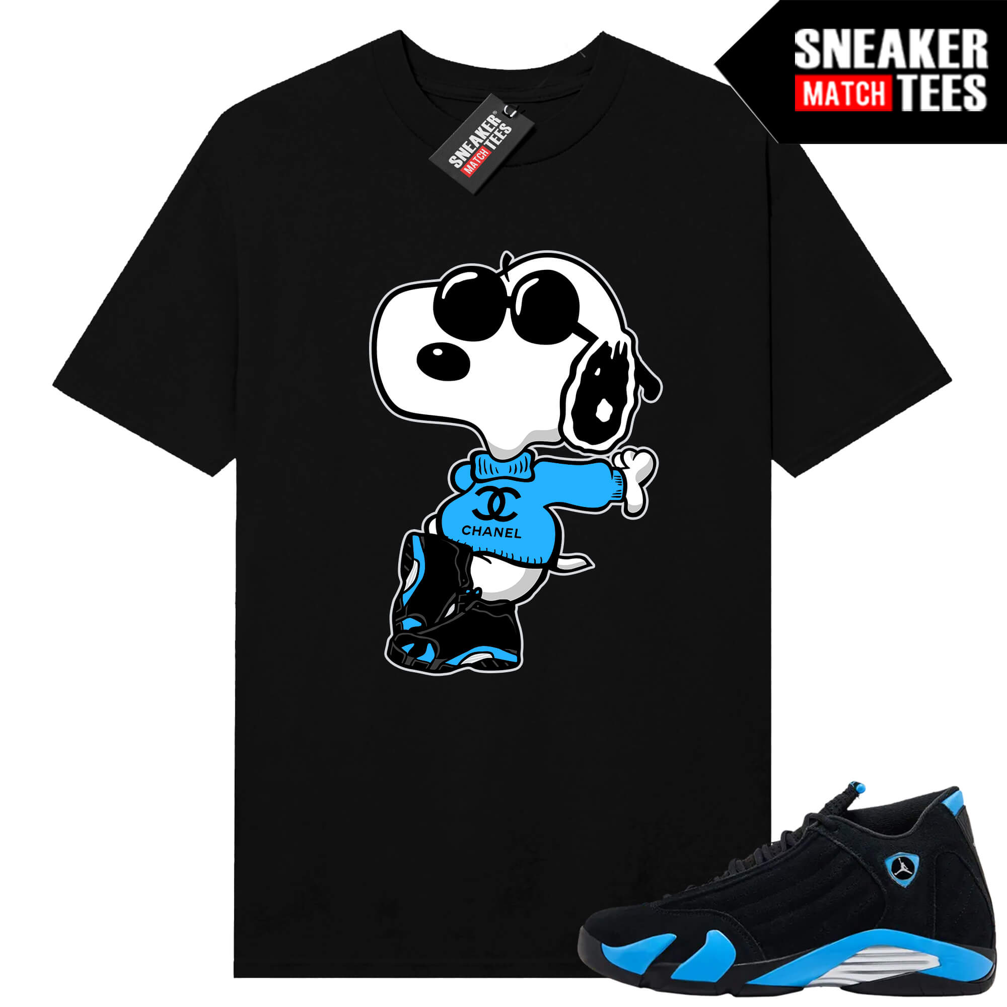 Jordan 14 Black University Blue Sneaker Match Tees Black Fly Snoopy