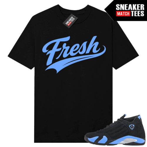 Jordan 14 Black University Blue Sneaker Match Tees Black Fresh Script