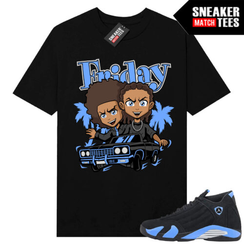 Jordan 14 Black University Blue Sneaker Match Tees Black Friday Boondocks Parody