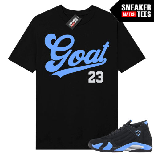 Jordan 14 Black University Blue Sneaker Match Tees Black Goat 23 Script