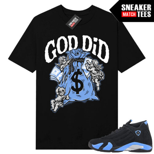 Jordan 14 Black University Blue Sneaker Match Tees Black God Did Angels