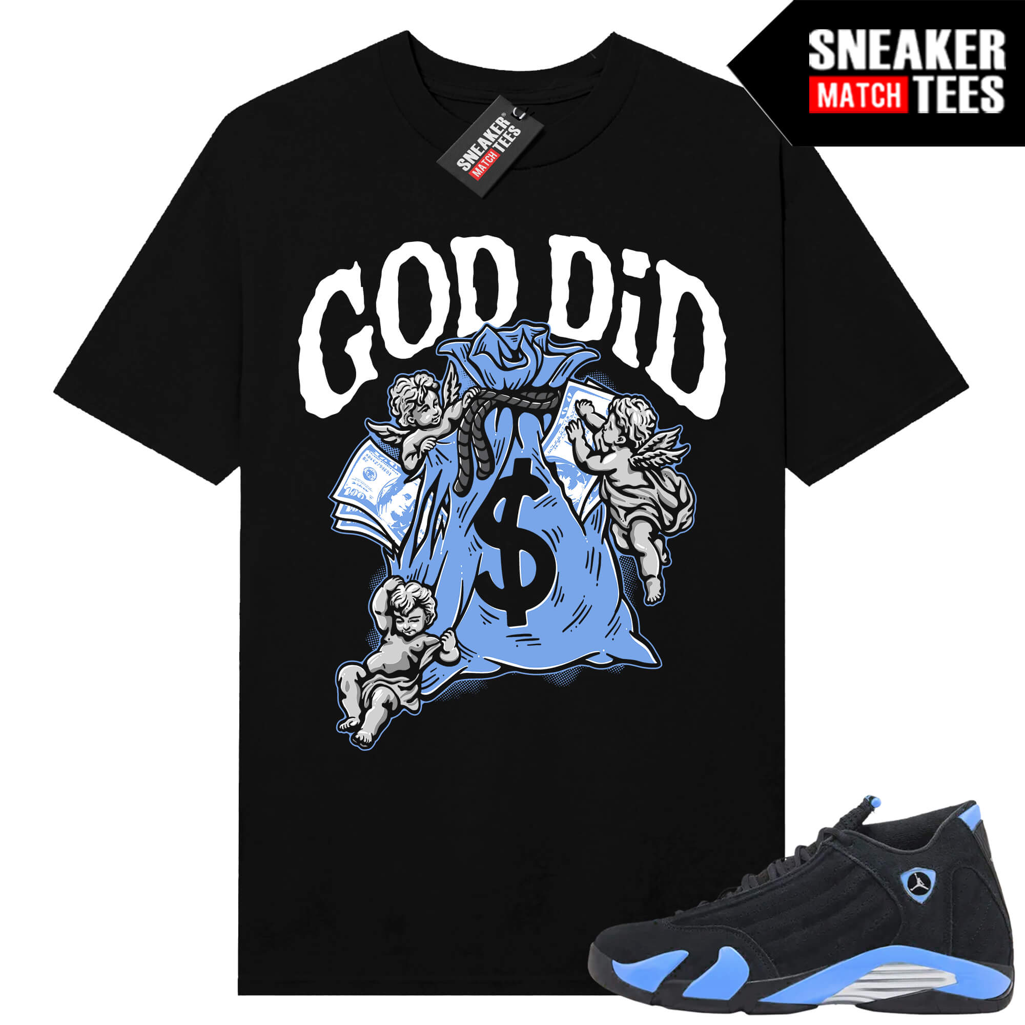Jordan 14 Black University Blue Sneaker Match Tees Black God Did Angels