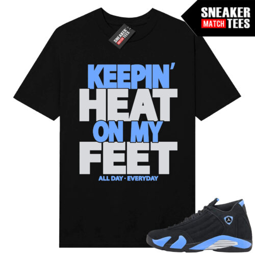 Jordan 14 Black University Blue Sneaker Match Tees Black Heat on Feet