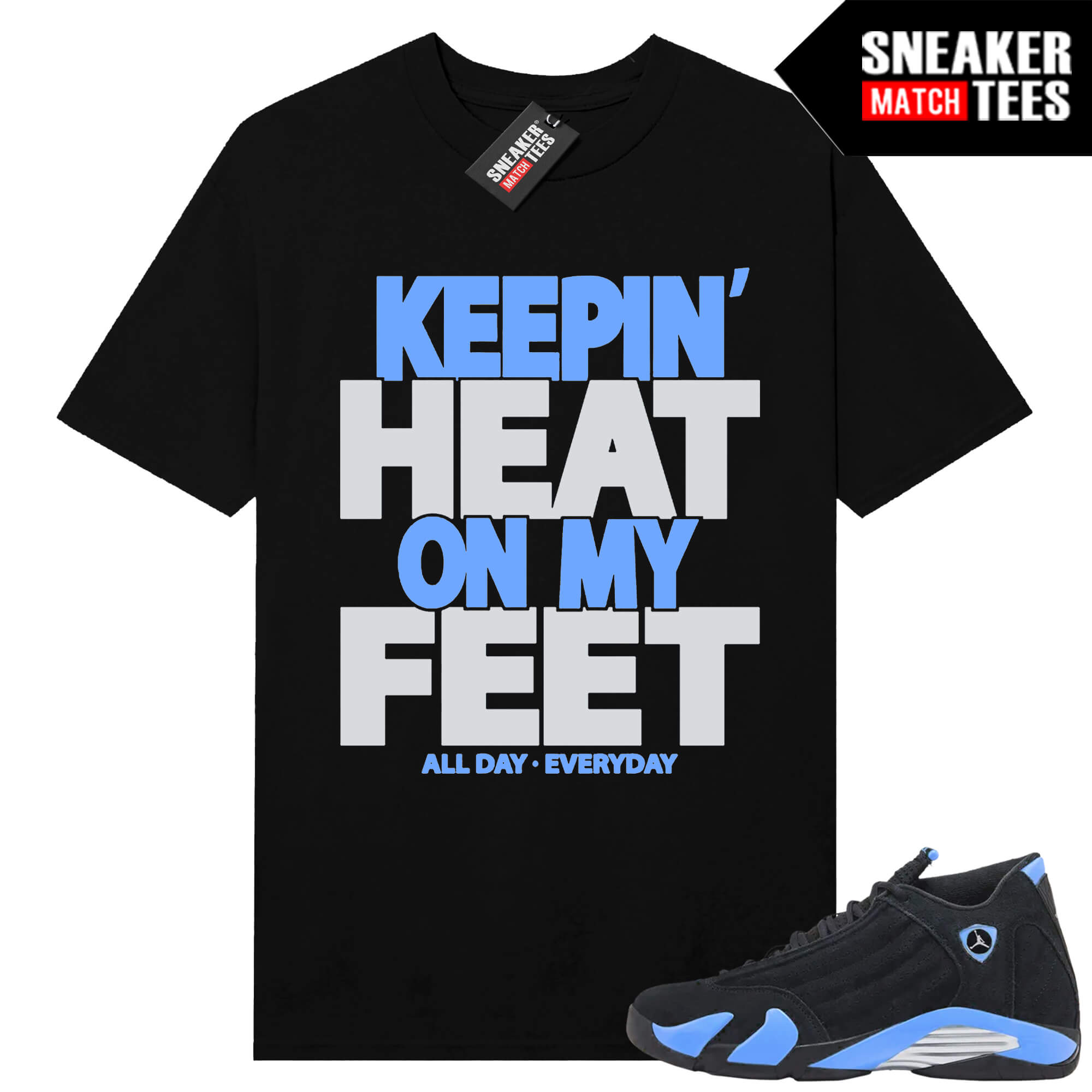 Jordan 14 Black University Blue Sneaker Match Tees Black Heat on Feet