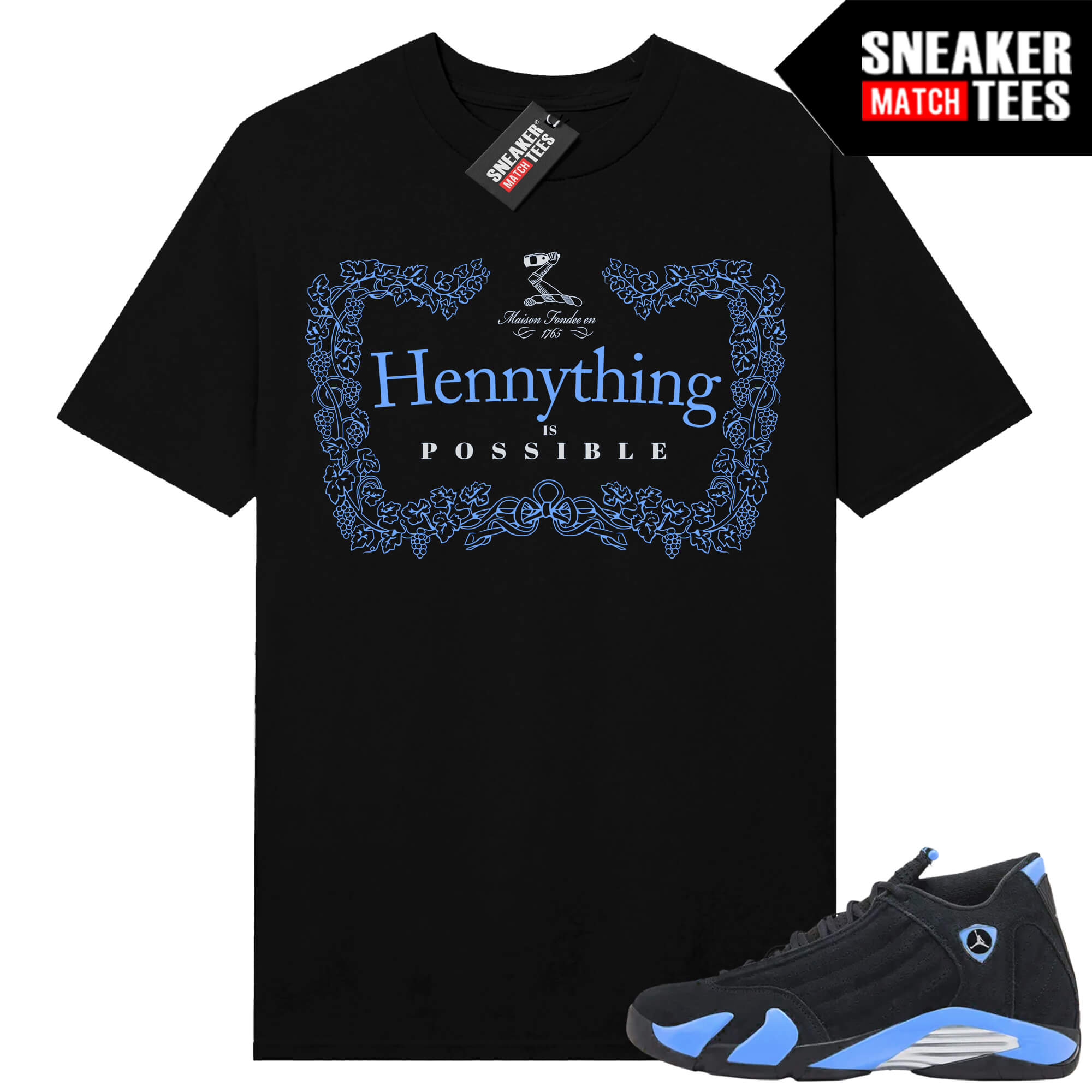 Jordan 14 Black University Blue Sneaker Match Tees Black Hennything