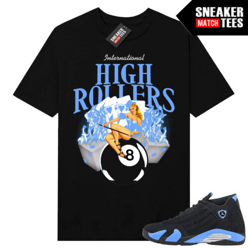Jordan 14 Black University Blue Sneaker Match Tees Black High Rollers