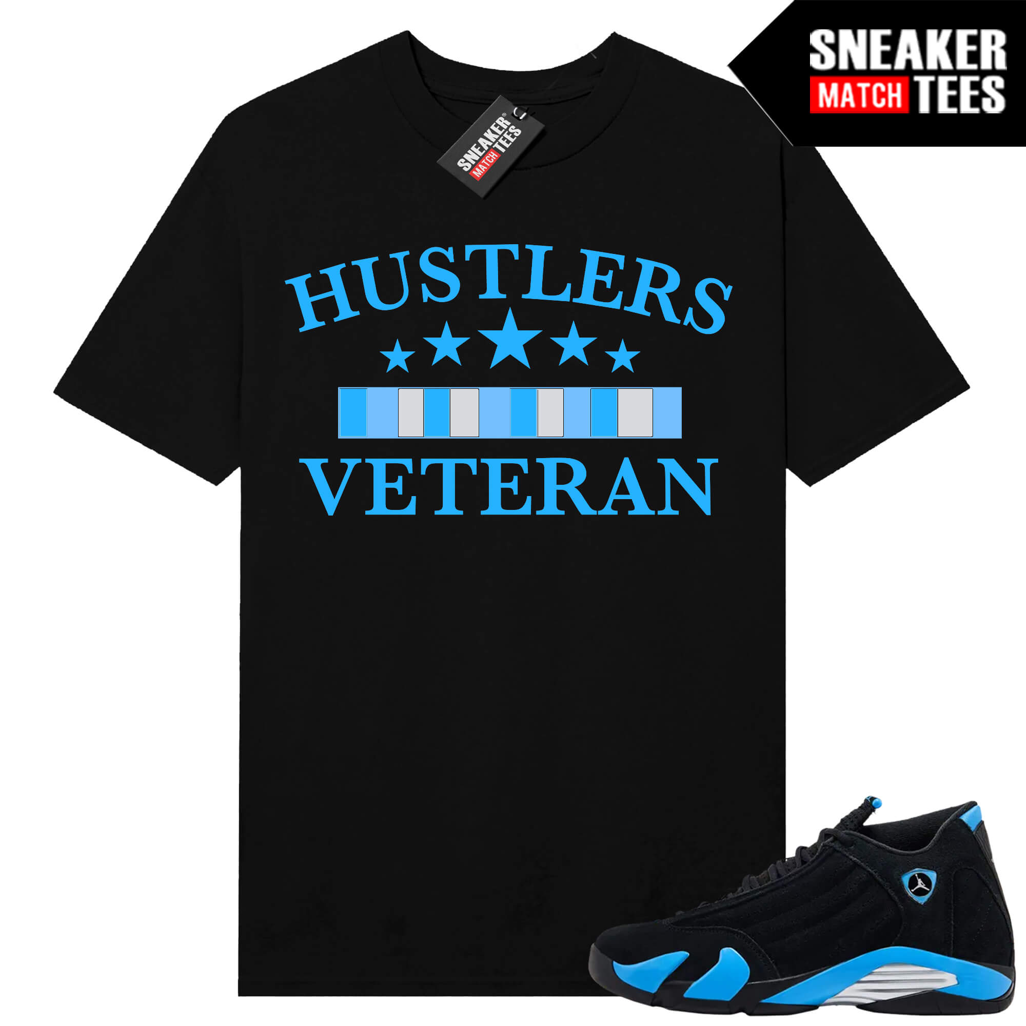 Jordan 14 Black University Blue Sneaker Match Tees Black Hustlers Veteran