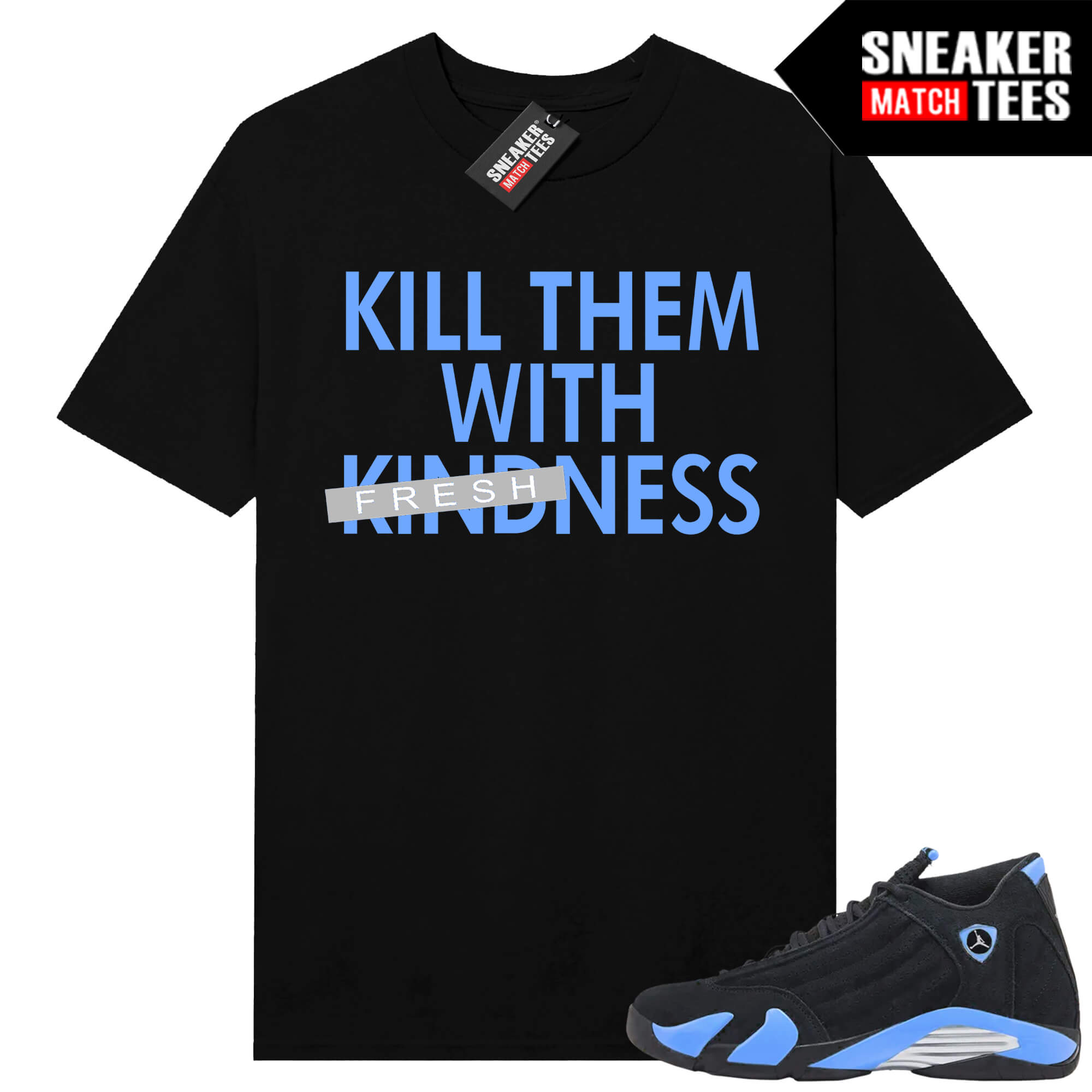 Jordan 14 Black University Blue Sneaker Match Tees Black Kill EM With Freshness