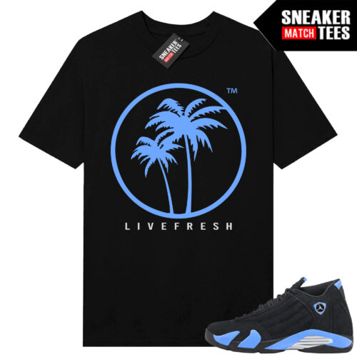 Jordan 14 Black University Blue Sneaker Match Tees Black Live Fresh Palm