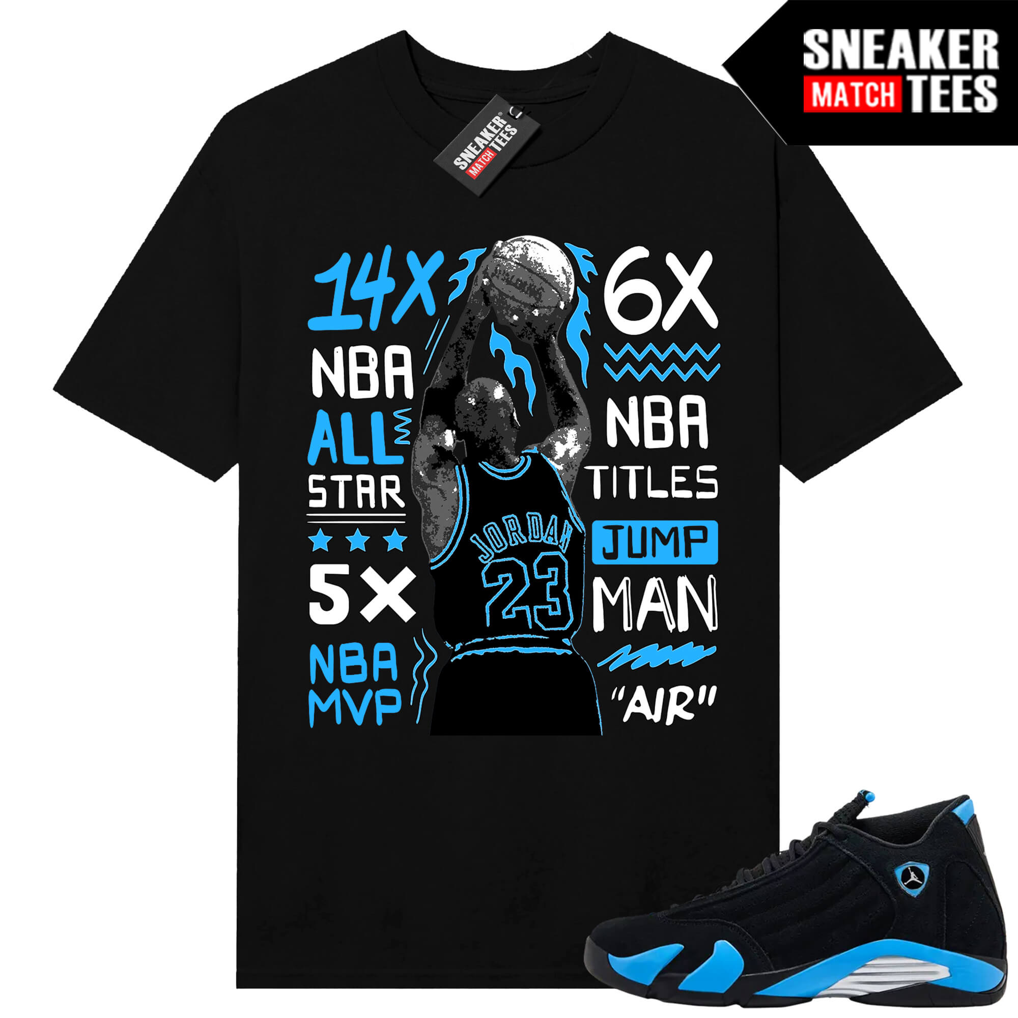 Jordan 14 Black University Blue Sneaker Match Tees Black MJ Last Shot