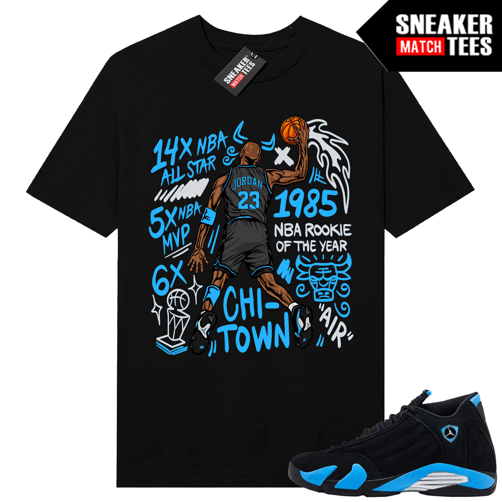Jordan 14 Black University Blue Sneaker Match Tees Black MJ Slam Dunk
