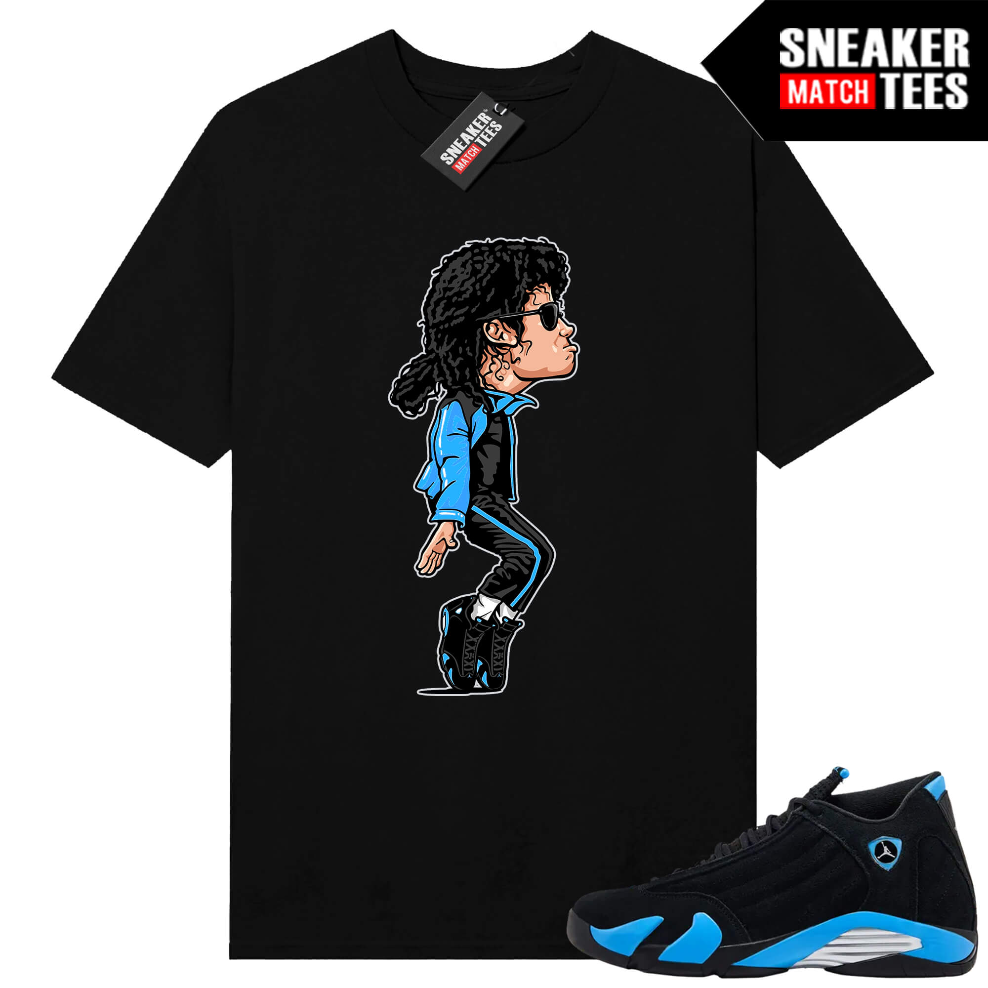 Jordan 14 Black University Blue Sneaker Match Tees Black MJ Tip Toe x AJ14