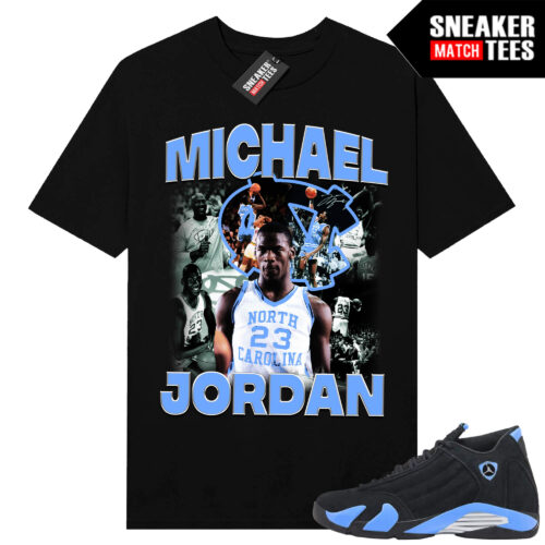 Jordan 14 Black University Blue Sneaker Match Tees Black MJ UNC Tribute