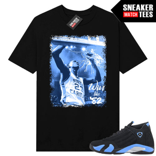 Jordan 14 Black University Blue Sneaker Match Tees Black MJ UNC Win Like 82