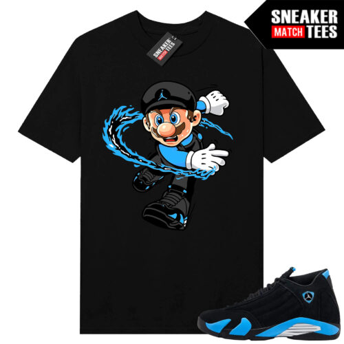 Jordan 14 Black University Blue Sneaker Match Tees Black Mario Fire Kicks