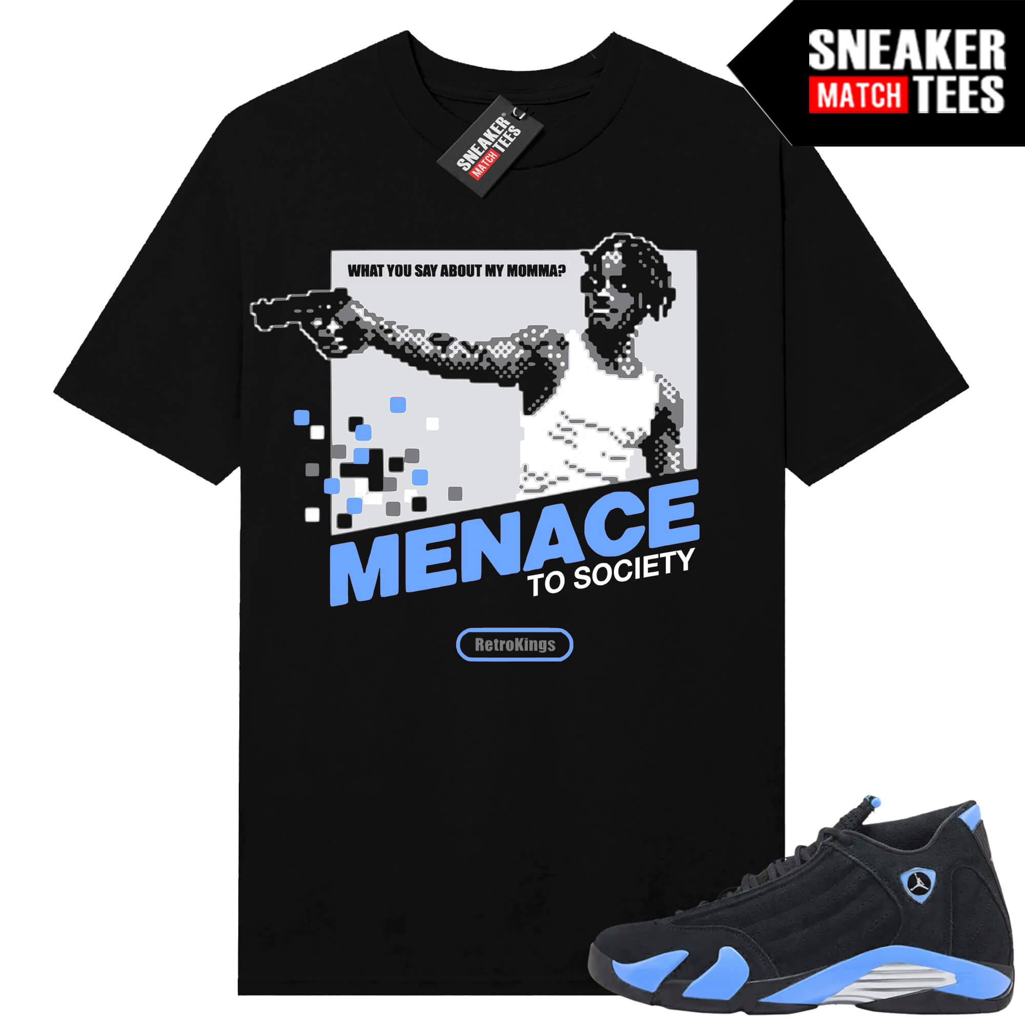 Jordan 14 Black University Blue Sneaker Match Tees Black Menace to Society