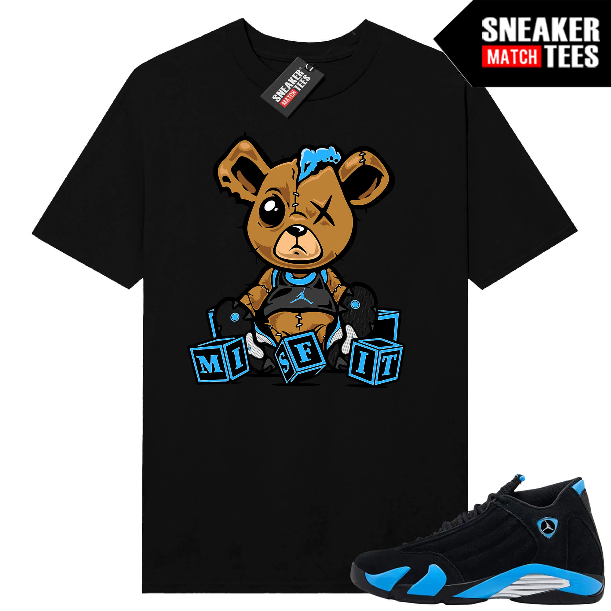 Jordan 14 Black University Blue Sneaker Match Tees Black Misfit Teddy