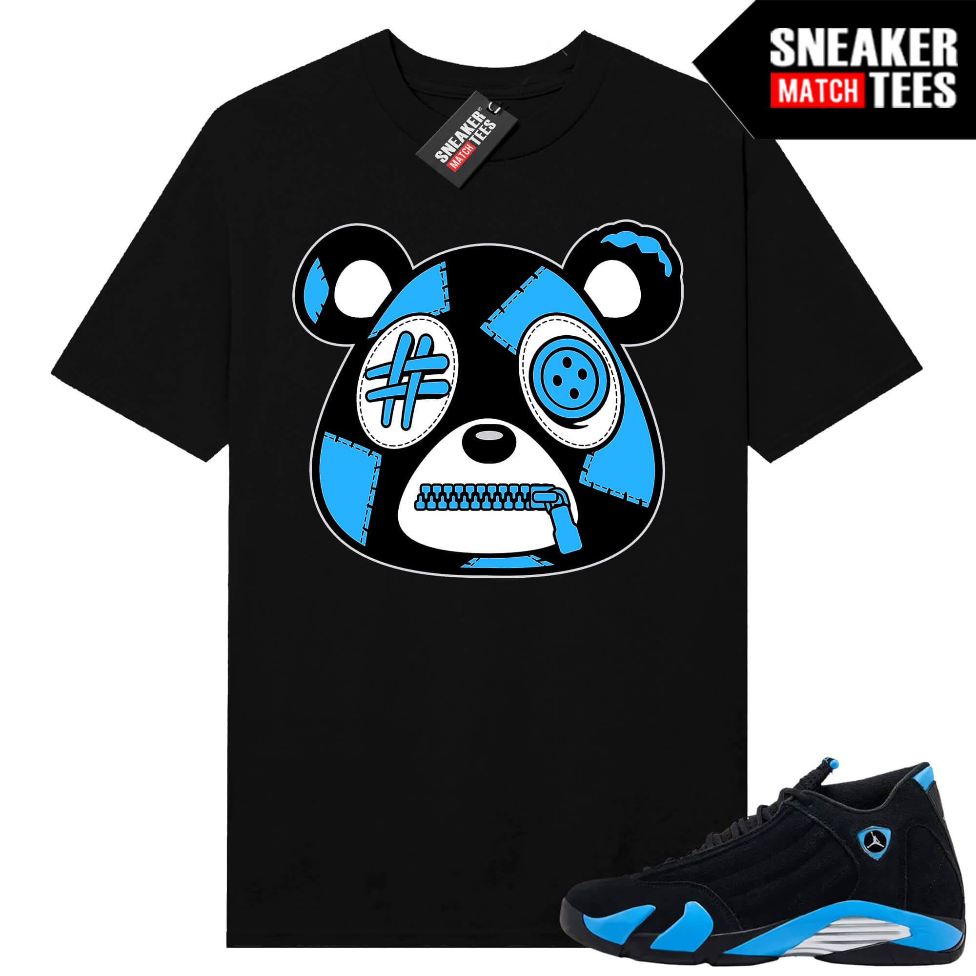 Jordan 14 Black University Blue Sneaker Match Tees Black Misunderstood Bear
