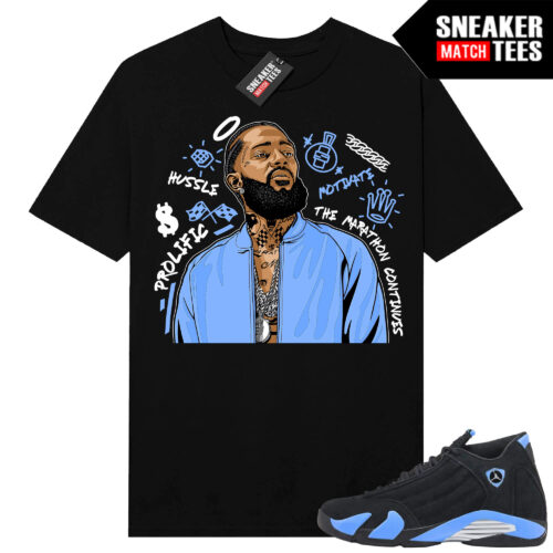 Jordan 14 Black University Blue Sneaker Match Tees Black Nipsey Tribute
