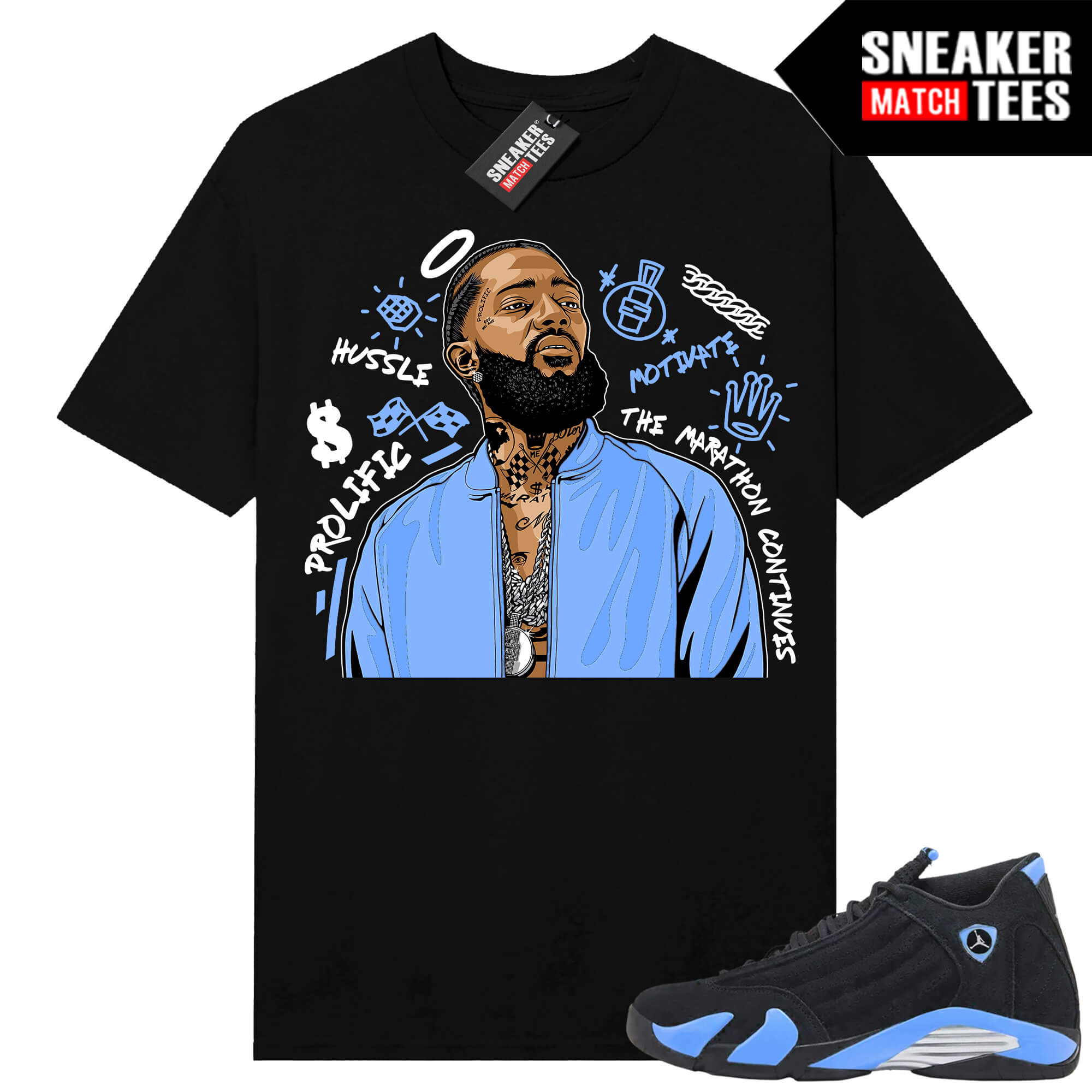 Jordan 14 Black University Blue Sneaker Match Tees Black Nipsey Tribute