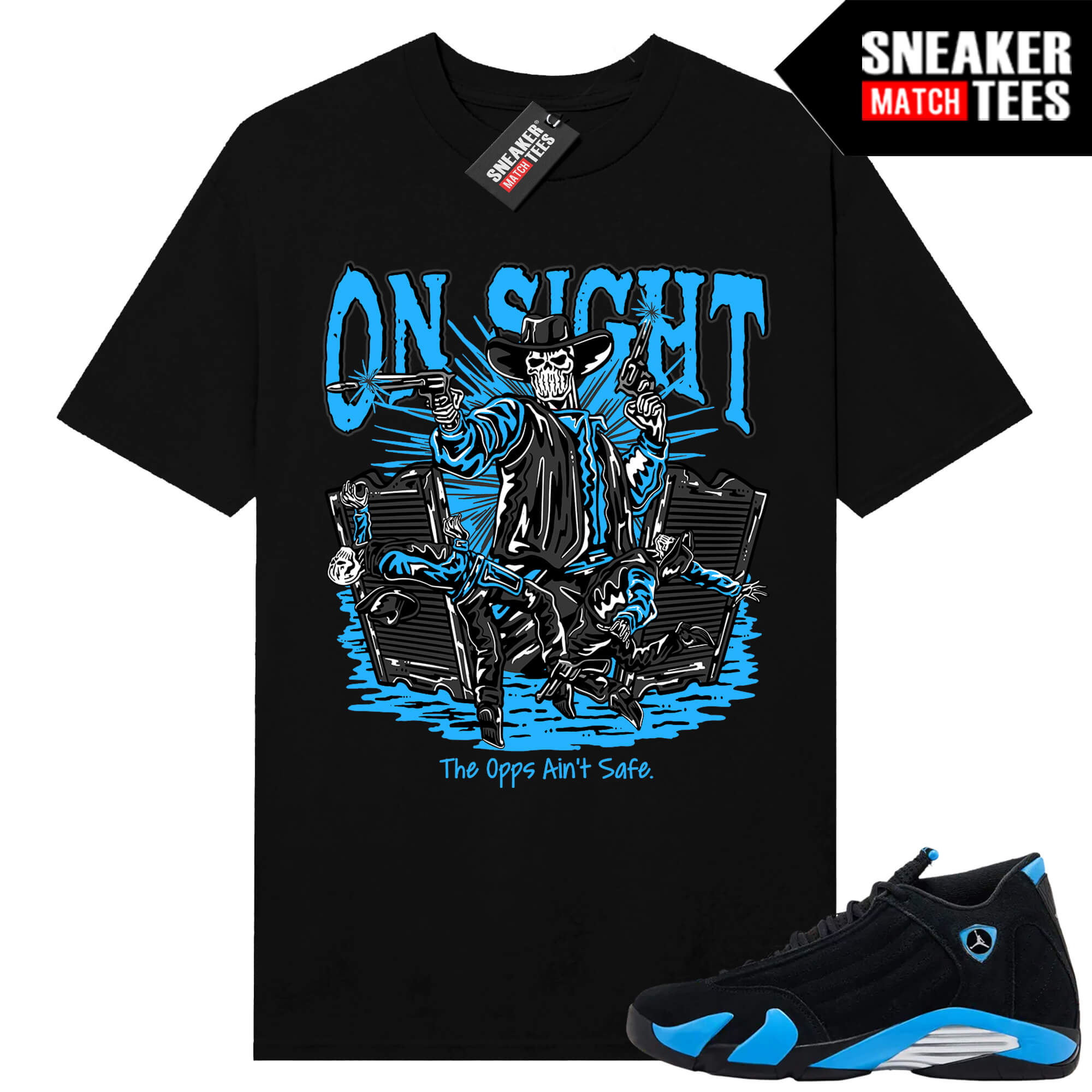 Jordan 14 Black University Blue Sneaker Match Tees Black On Sight