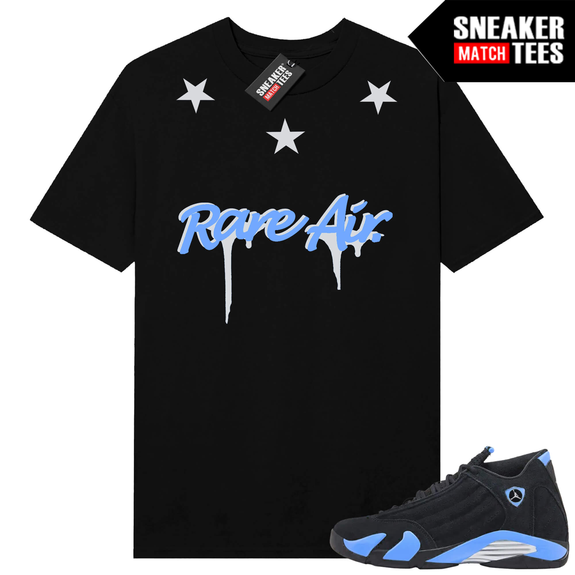 Jordan 14 Black University Blue Sneaker Match Tees Black Rare Air Stars