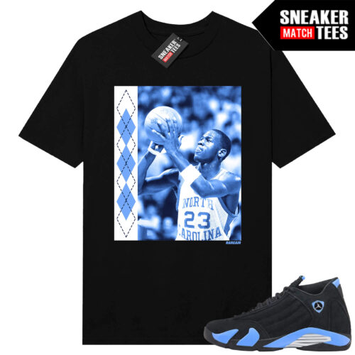 Jordan 14 Black University Blue Sneaker Match Tees Black Rare Air UNC MJ