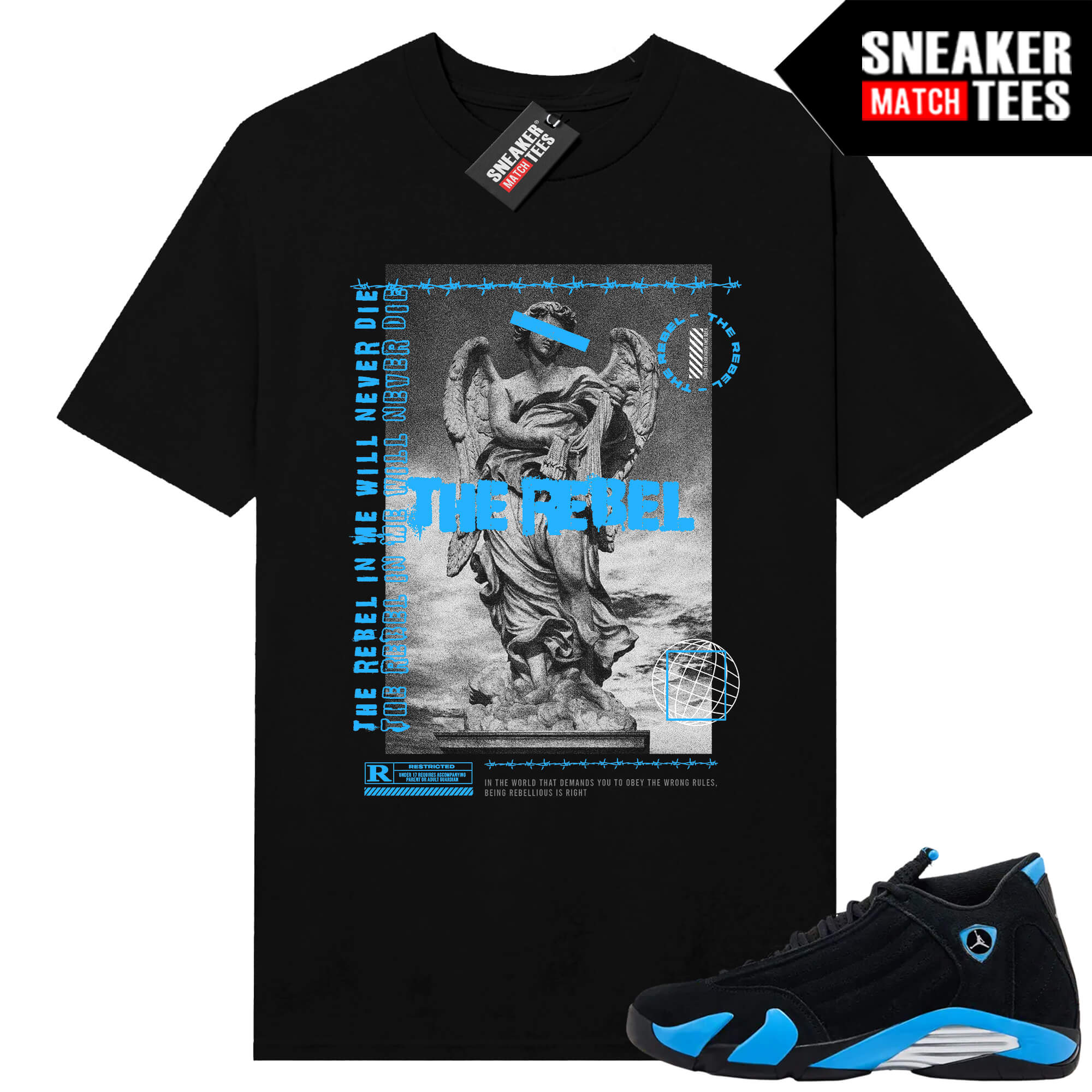 Jordan 14 Black University Blue Sneaker Match Tees Black Rebel