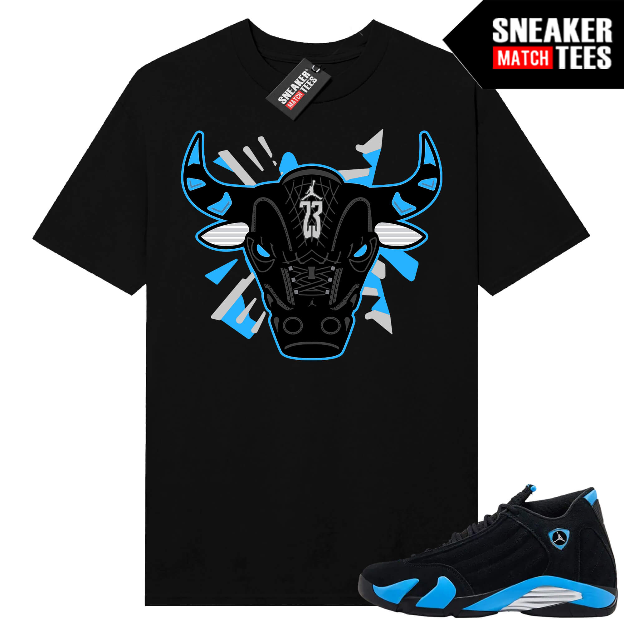 Jordan 14 Black University Blue Sneaker Match Tees Black Retro 14 Bull