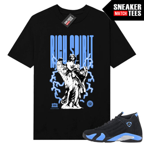 Jordan 14 Black University Blue Sneaker Match Tees Black Rich Spirit
