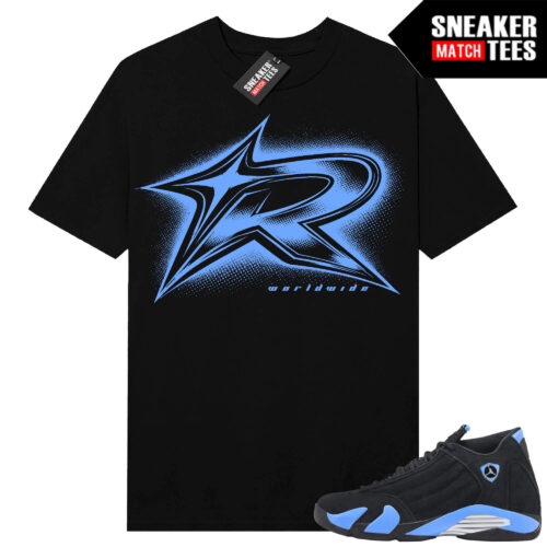 Jordan 14 Black University Blue Sneaker Match Tees Black Risktakers Big R logo