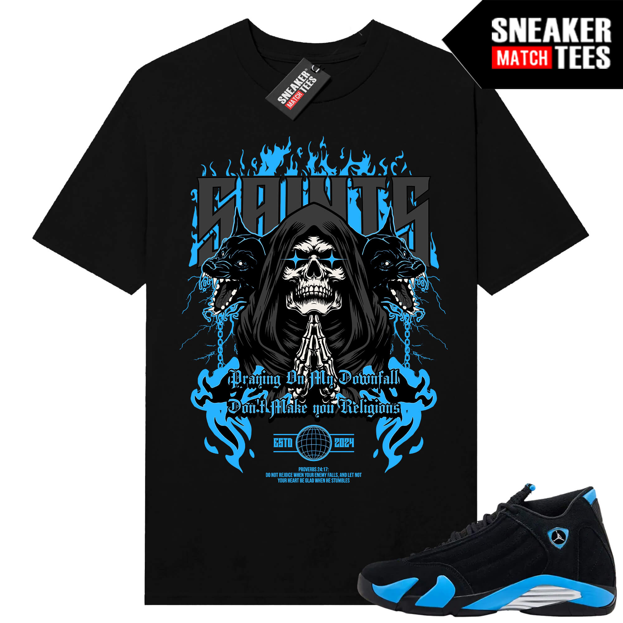 Jordan 14 Black University Blue Sneaker Match Tees Black Saints