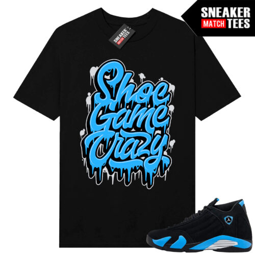 Jordan 14 Black University Blue Sneaker Match Tees Black Shoe Game Crazy