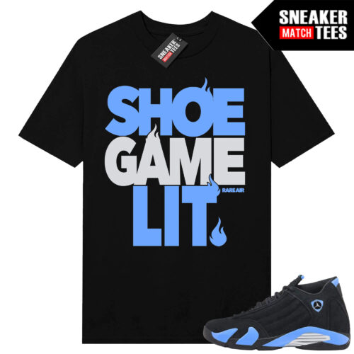Jordan 14 Black University Blue Sneaker Match Tees Black Shoe Game Lit