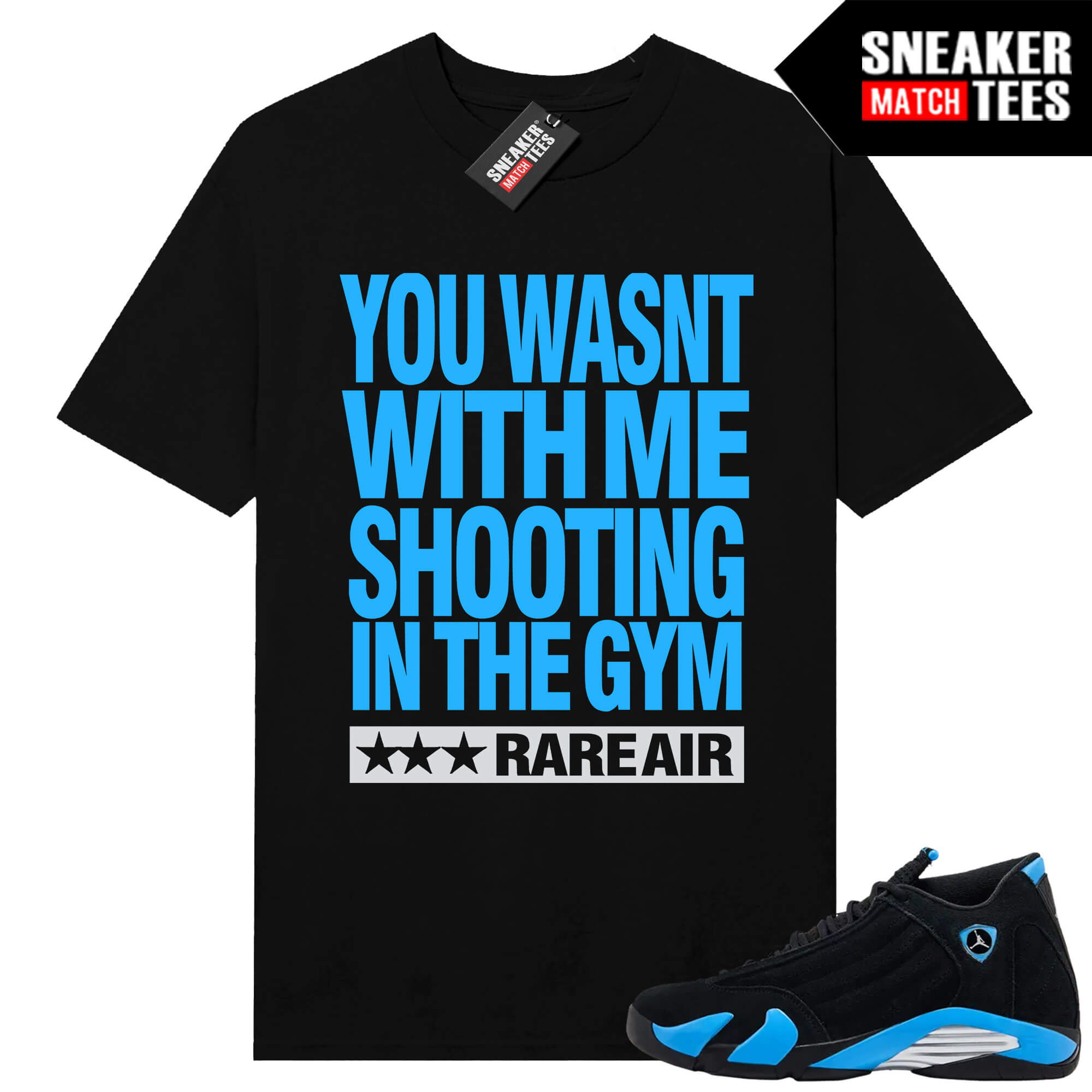 Jordan 14 Black University Blue Sneaker Match Tees Black Shootin in the Gym