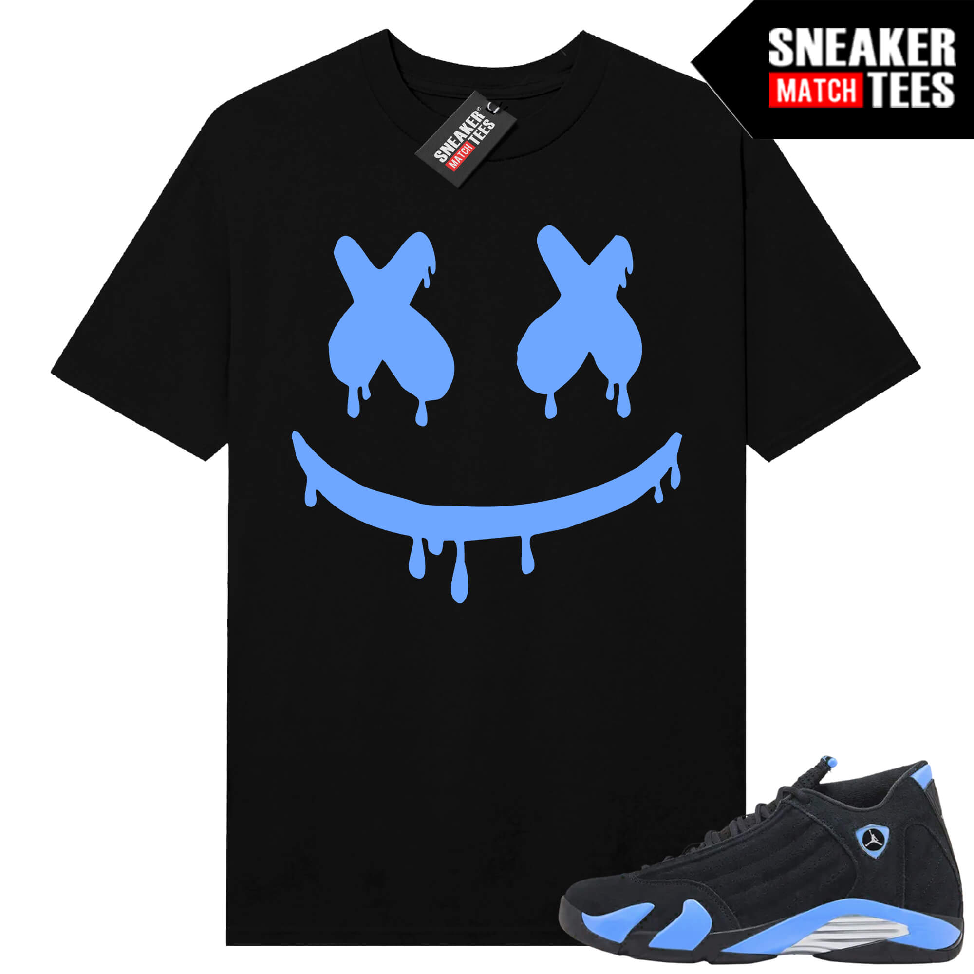 Jordan 14 Black University Blue Sneaker Match Tees Black Smiley Drip