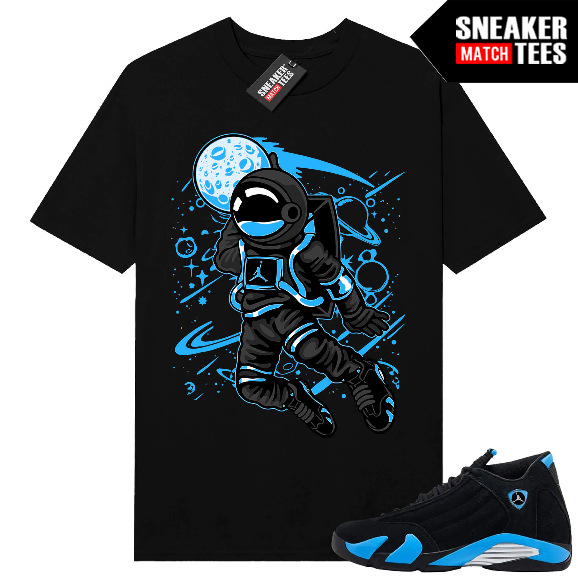 Jordan 14 Black University Blue Sneaker Match Tees Black Space Jam