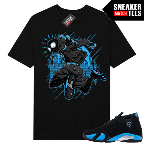 Jordan 14 Black University Blue Sneaker Match Tees Black Spidey Kicks