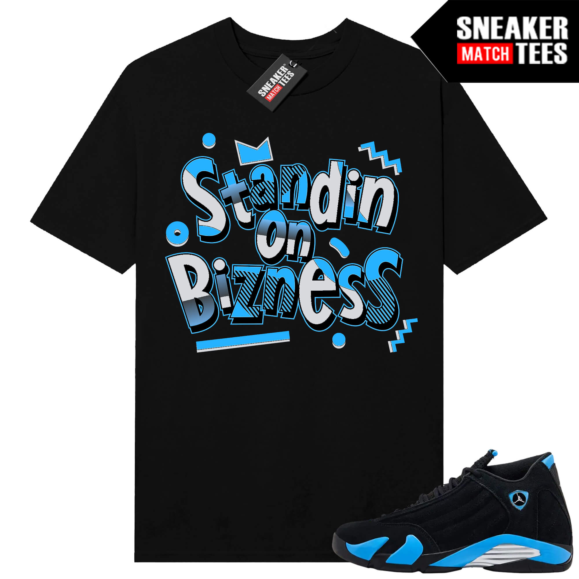 Jordan 14 Black University Blue Sneaker Match Tees Black Standin On Bizness