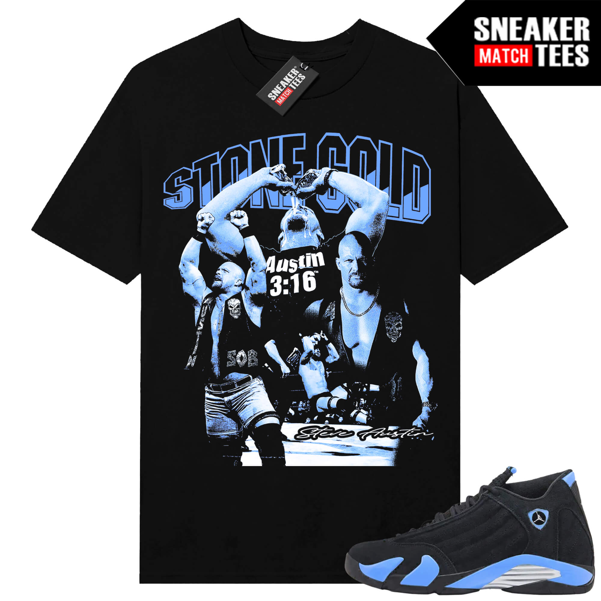 Jordan 14 Black University Blue Sneaker Match Tees Black Stone Cold