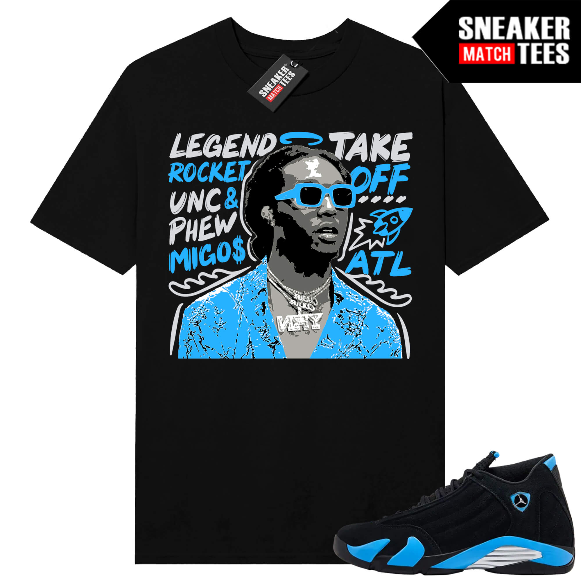 Jordan 14 Black University Blue Sneaker Match Tees Black Takeoff Tribute